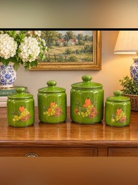 Vintage MCM Kromex Green Tin  Canister Set with Fruit Motif